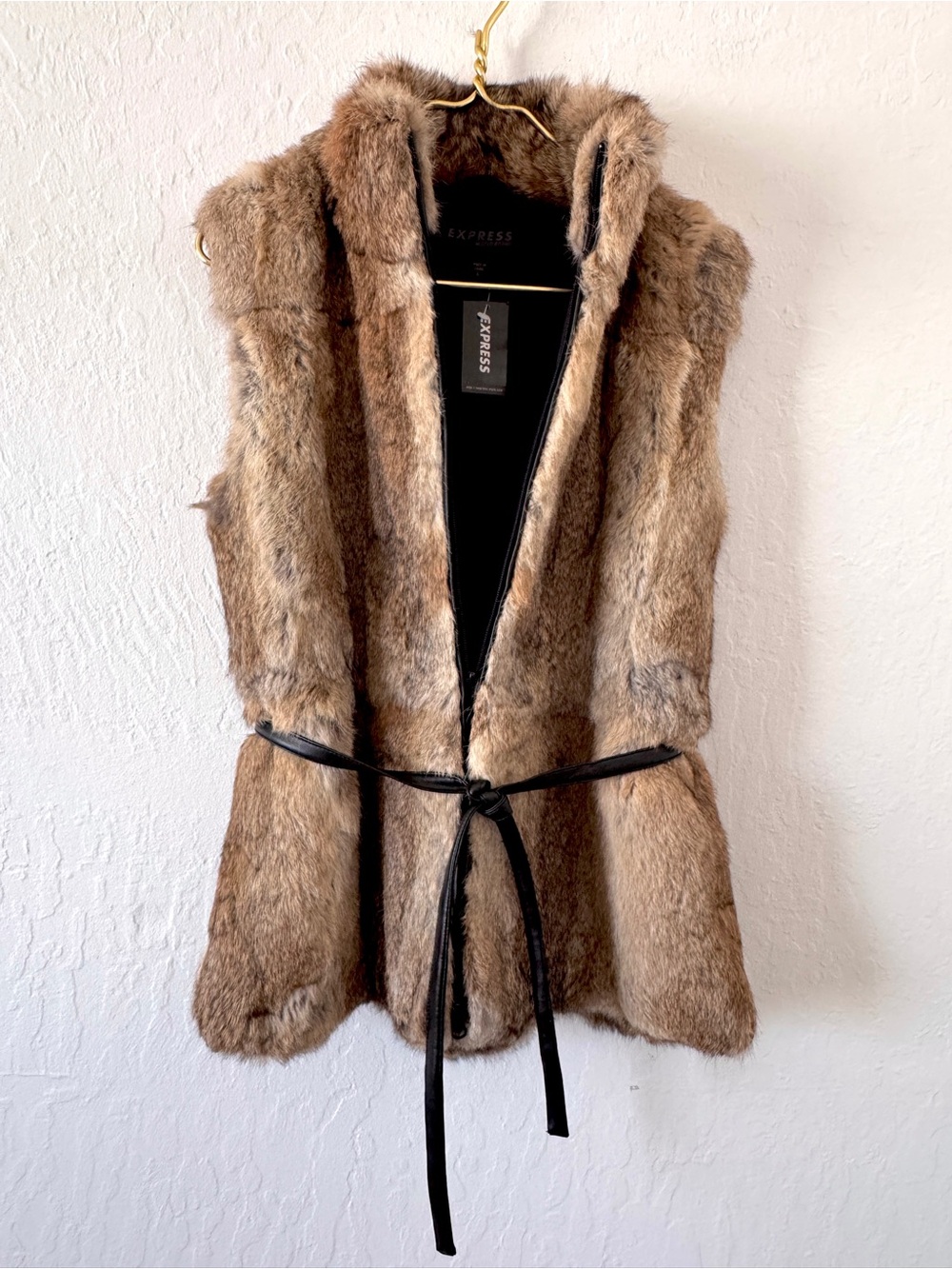 Express World Brown 100% Rabbit Fur Front Zip High Collar Vest with Belt Large - Picture 5 of 11